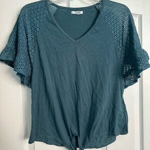 Maurices Blue-Green Lace Flutter Sleeve Tie Front Blouse